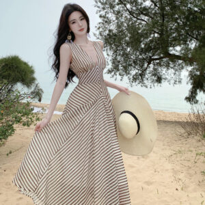 Striped High Waist Party Evening Dress