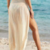 Pale Khaki Shirred High Waist Split Long Beach Skirt