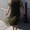 French Vinatge Midi Dress Women Retro Pure Color Short Sleeve Party Design