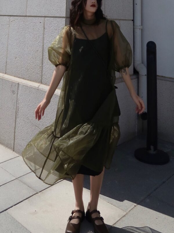 French Vinatge Midi Dress Women Retro Pure Color Short Sleeve Party Design
