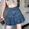 Vintage High-Waisted Denim Pleated Skirt for Women