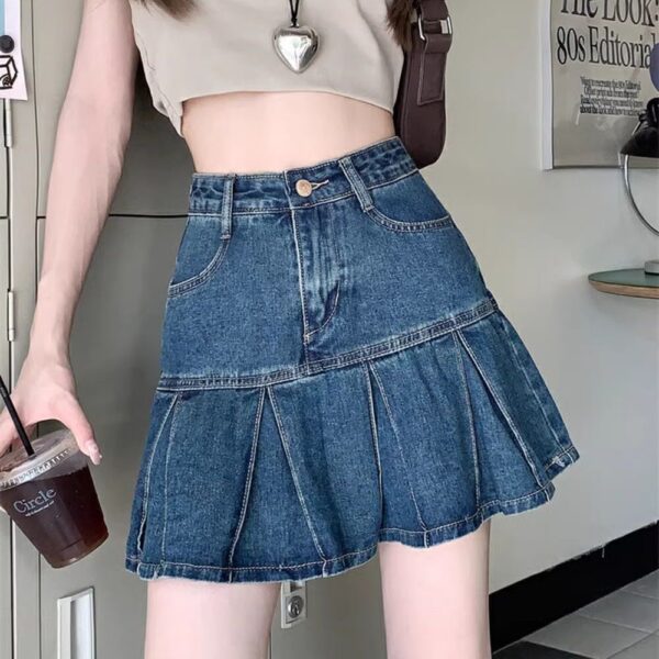 Vintage High-Waisted Denim Pleated Skirt for Women