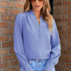 Sky Blue Solid Color V Neck Breezy Long Sleeve Blouse