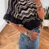 101804524-7ac2bd402befcaf1.jpg Black Stripe Wavy Crochet Eyelet Detail Ruffle Half Sleeve Sweater