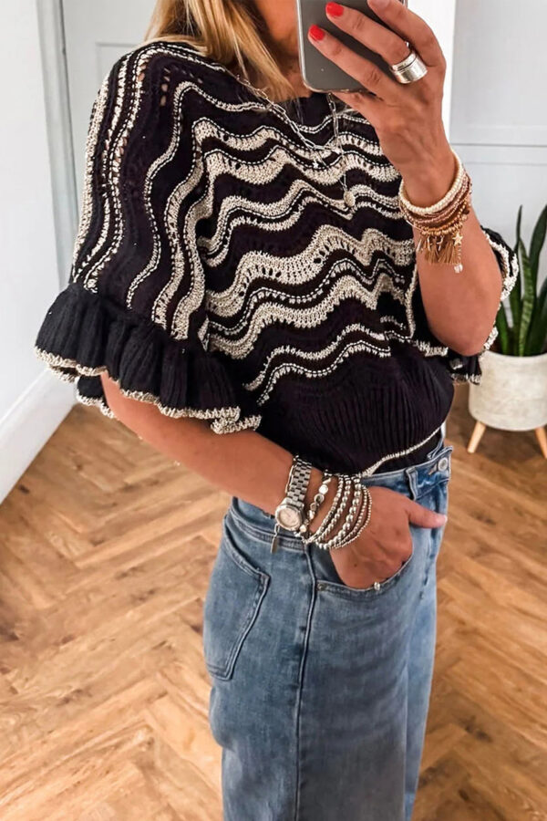 101804524-7ac2bd402befcaf1.jpg Black Stripe Wavy Crochet Eyelet Detail Ruffle Half Sleeve Sweater
