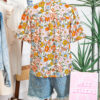 Multicolour Crochet V Neckline Puff Sleeve Boho Flower Blouse