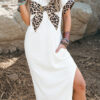 Dark Grey Contrast Leopard Bow Patched Short Sleeve T Shirt Long Dress