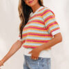 Orange Abstract Striped Knit Short Sleeve Sweater