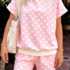 Pink Polka Dot Print Mock Neck Short Sleeve Top Shift Pant Set