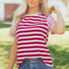 Red Stripe Patchwork Round Neck T Shirt