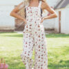 Beige Western Printed Button Adjustable Straps Loose Jumpsuit Dungarees