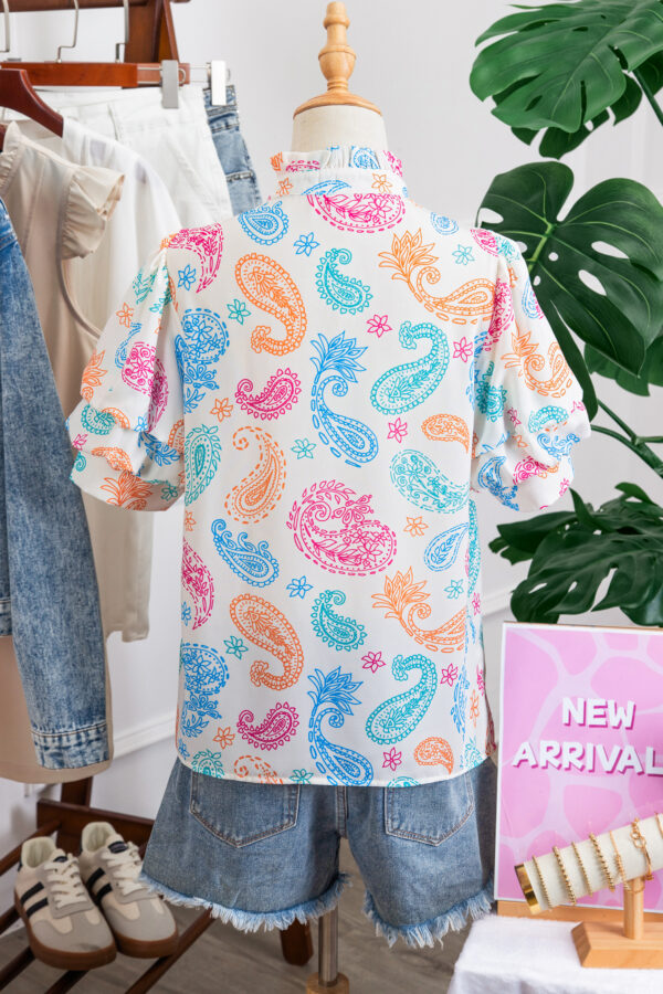 Multicolour Vibrant Paisley Printed Button Keyhole Puff Sleeve Blouse