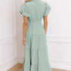 Clearly Aqua Solid Color V Neck Short Puff Sleeve High Waist Tiered Maxi Dress