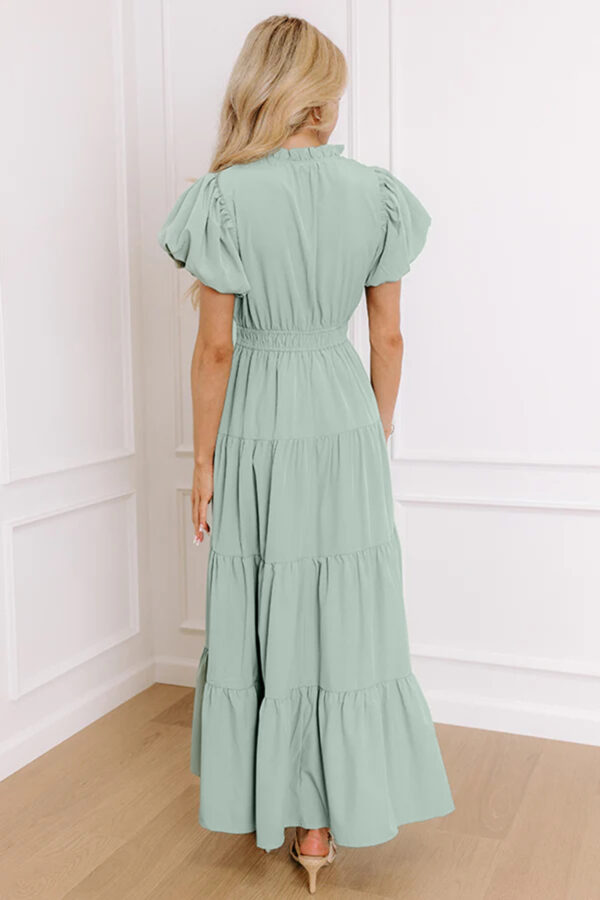 Clearly Aqua Solid Color V Neck Short Puff Sleeve High Waist Tiered Maxi Dress