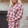 Red Retro Plaid Long Sleeve Shirt Drawstring Shorts 2pcs Lounge Set