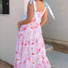 Pink Floral Print Knotted Shoulder Smocked Maxi Dress