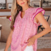 Rose Stripe Shirred Yoke Ruffled Short Sleeve Blouse