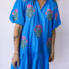 Blue Flower Embroidered Split Neck Short Puff Sleeve Ruffle Hem Dress