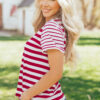 Red Stripe Patchwork Round Neck T Shirt