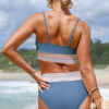 Dusk Blue Colorful Stitch Border Detail 2pcs High Waist Bikini Swimsuit