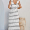 White Stripe Print Open Back Sleeveless Maxi Dress with Slits