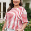 Red Stripe Plus Size Scalloped Trim Round Neck Short Sleeve Top