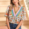 Multicolour Crochet V Neckline Puff Sleeve Boho Flower Blouse