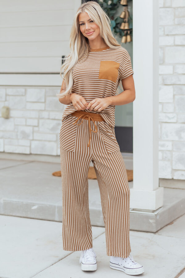 Sky Blue Stripe Crew Neck Tee Drawstring Waist Cropped Pants Set