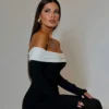 Shoulder Contrast Color Knitted Maxi Dress