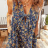 Blue Retro Floral Print Bow Tie V Neck Sleeveless Pleated Loose Denim Romper