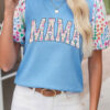 Light Blue Floral Sleeve Mama Graphic Top with Textured Knit