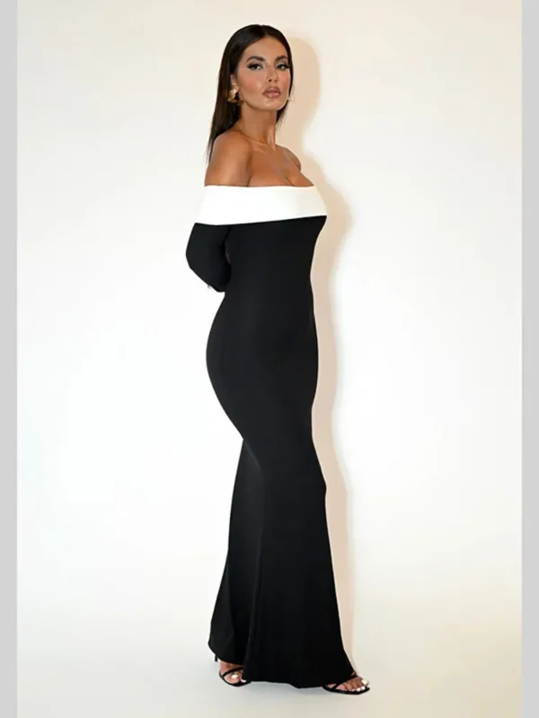 Shoulder Contrast Color Knitted Maxi Dress
