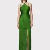 Green neckline suspender long skirt with tassel at the hem evening party dress