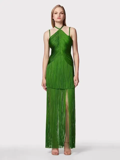Green neckline suspender long skirt with tassel at the hem evening party dress