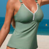 Four Leaf Clover O-ring Knot Back Straps Ricrac Trim V Neck Tankini Contrast Printed Swim Short 2pcs Set