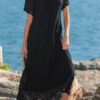 Black Floral Lace Overlay Tassel Tie Short Sleeve Beach Vacation Loose Maxi Dress