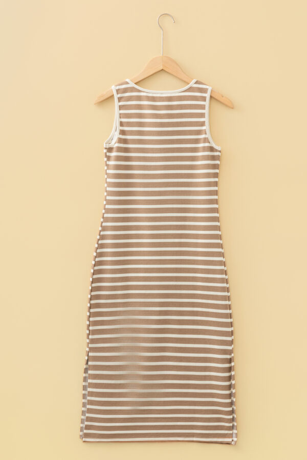 Sky Blue Stripe Tie V Neck Sleeveless Side Slit Midi Dress