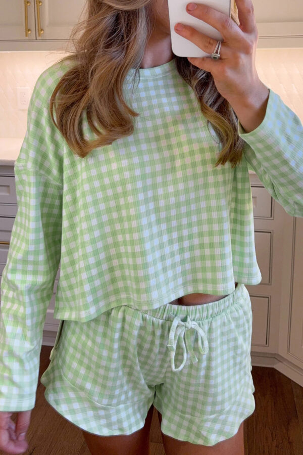 101729777-84a67ead18c800d8.jpg Green Gingham Long Sleeve Loose Top Drawstring Shorts 2pcs Lounge Set