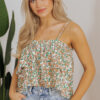 White Boho Floral Spaghetti Strap Ruffle Summer Tank Top