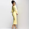 French yellow long sleeved elastic feather cuffs bandage dress