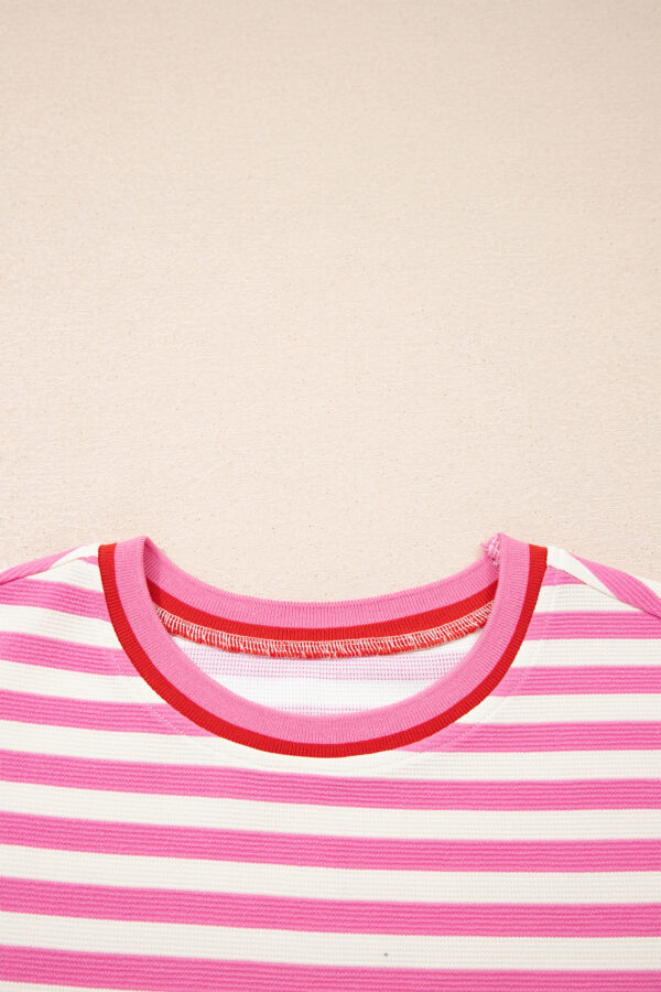 Pink Stripe Contrast Trim Short Sleeve Top Loose Shorts 2pcs Casual Outfit