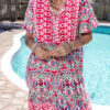 Pink Bohemian Print Tie Neck Ruffle Hem Short Dress