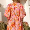 Pink Striped Floral Print Tie Neck Puff Sleeve Loose Mini Dress