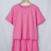 Bright Pink Seam Detail Raw Edge Tee Rainbow Waistband Casual Short Set