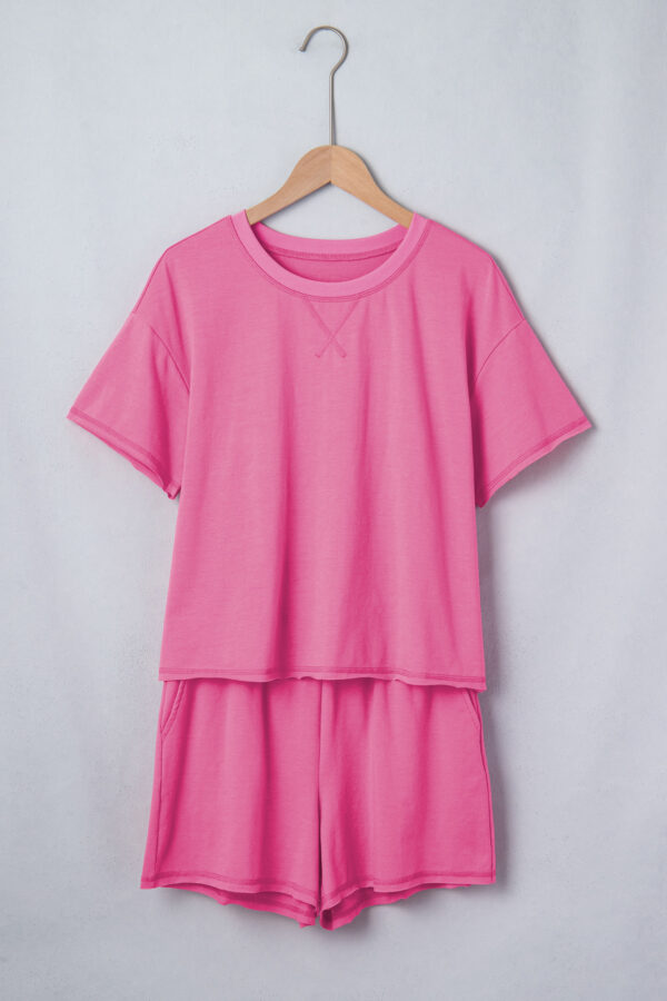 Bright Pink Seam Detail Raw Edge Tee Rainbow Waistband Casual Short Set