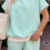 Pink Stripe Cuffed Sleeve Contrast Mock Neck Tee Casual 2pcs Short Set