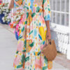 Multicolour Floral Doodle Print Striped Trim V Neck Midi Dress