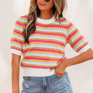 Orange Abstract Striped Knit Short Sleeve Sweater