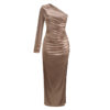 New Stretch Satin Split Slanted Shoulder Party Dress Women's Mid Length Dress