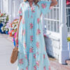 Pink Notched Neck Flutter Short Sleeve Floral Print Maxi Dress